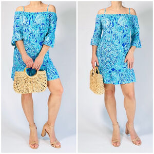 Lilly Pulitzer Girl’s Dress XL 12-14 Teen Blue Turquoise Print Off Shoulder